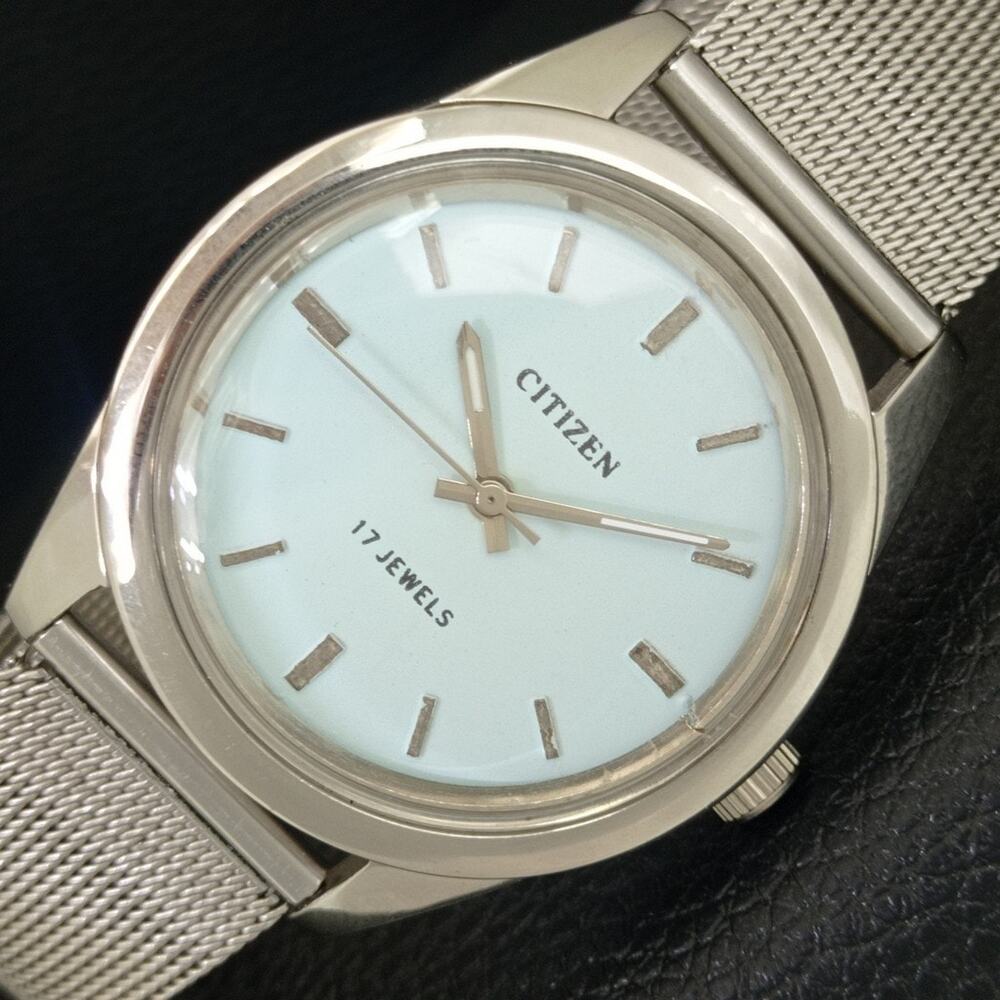Vintage 1985 Citizen Manual Wound Mens Silver Watch & Blue accents